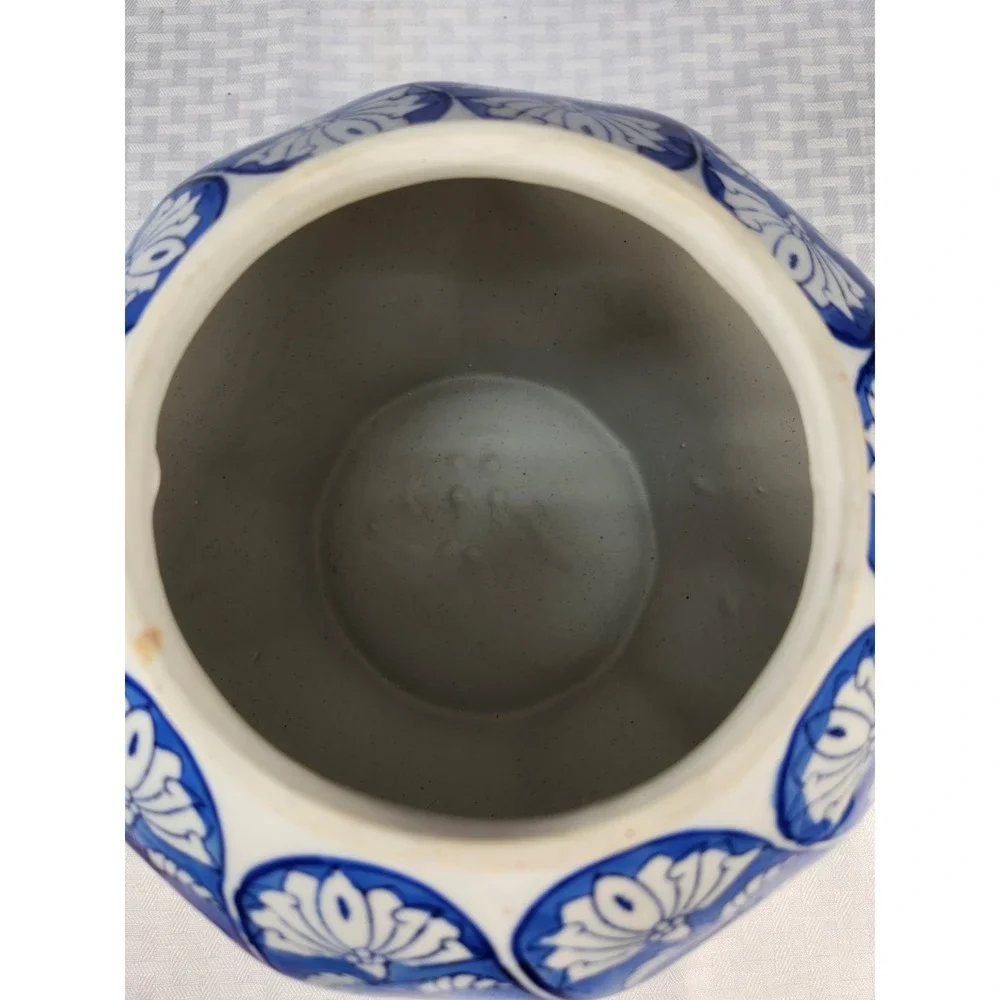 Vintage Chinese Porcelain Blue White Fishbowl Planter Vase Abstract Floral Leaf
